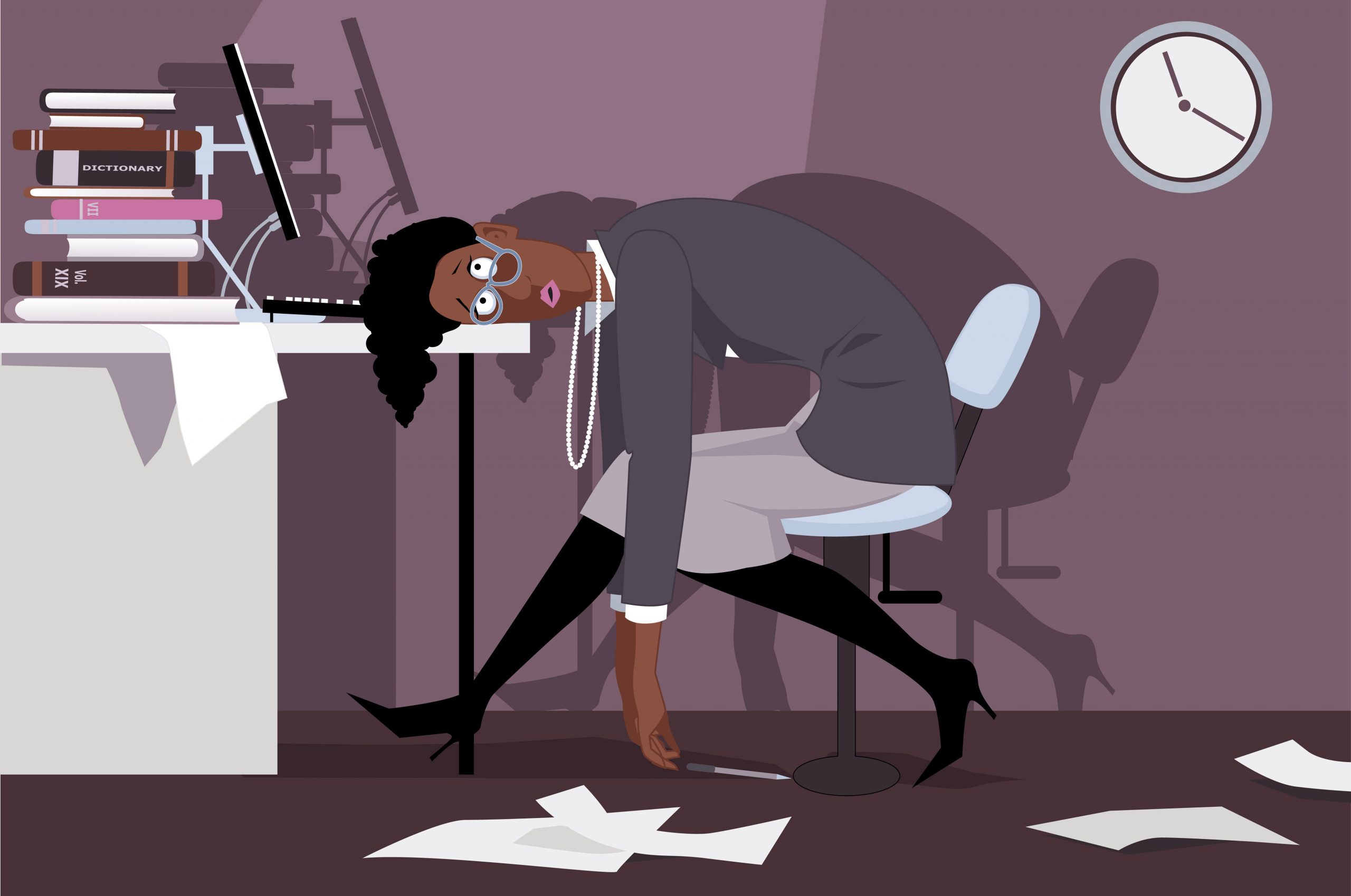 Exhausted,Black,Woman,Sitting,In,The,Office,Late,At,Night,